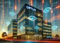 Illustration of a modern office building with the Optus logo at dusk, intersected by glowing digital code lines to represent a data breach