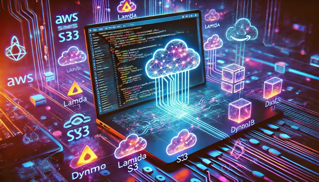 A horizontal futuristic illustration of a code editor and AWS service icons, symbolizing Amazon CodeWhisperer’s integration