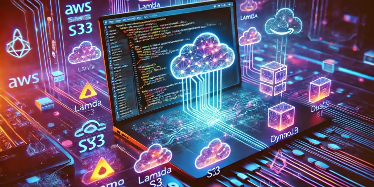 A horizontal futuristic illustration of a code editor and AWS service icons, symbolizing Amazon CodeWhisperer’s integration
